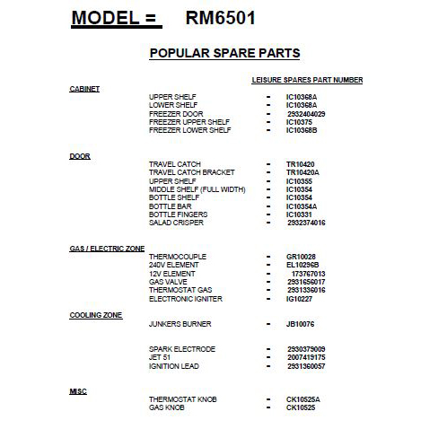 Rm6501 Leisure Spares